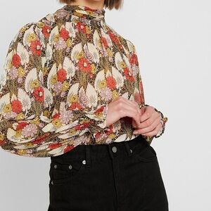 TopShop Multi Colored High Neck Neck Tie Semi-Sheer Floral Blouse Size 8